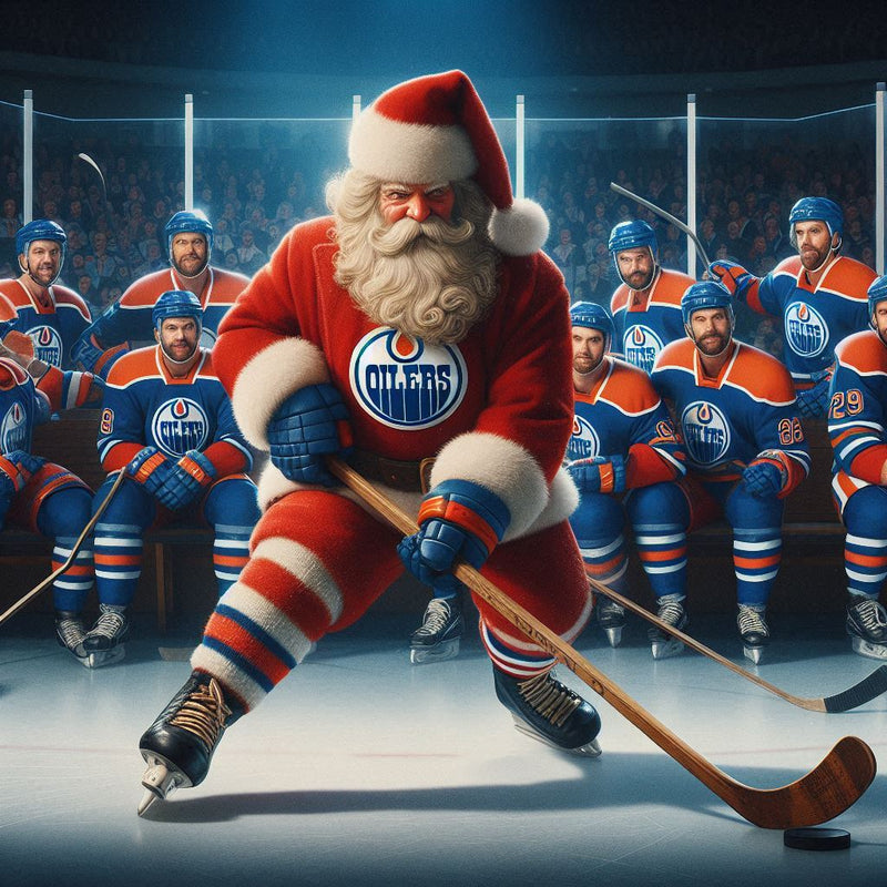 Santa playing hockey with the Edmonton Oilers