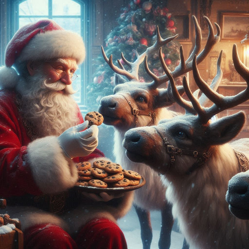 Santa feeding cookies to Reindeers