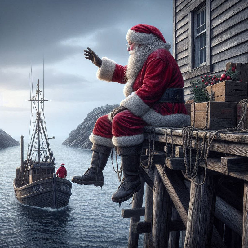 Santa waving at a fisherman