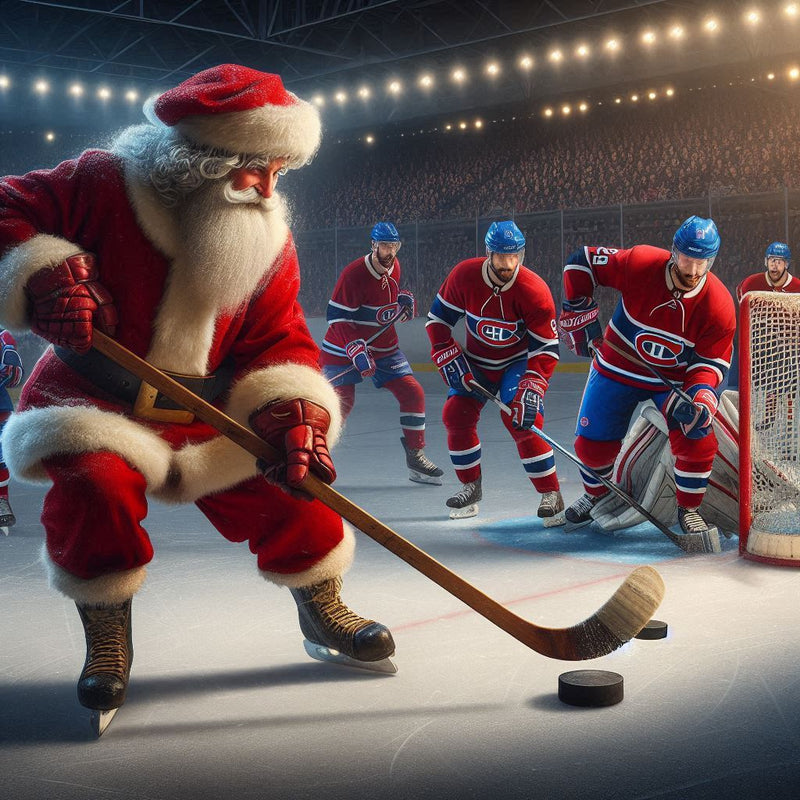 Santa playing hockey with the Montreal Canadiens