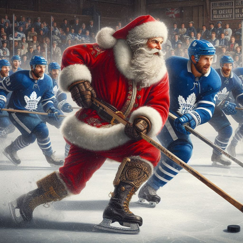 Santa playing hockey with the TML