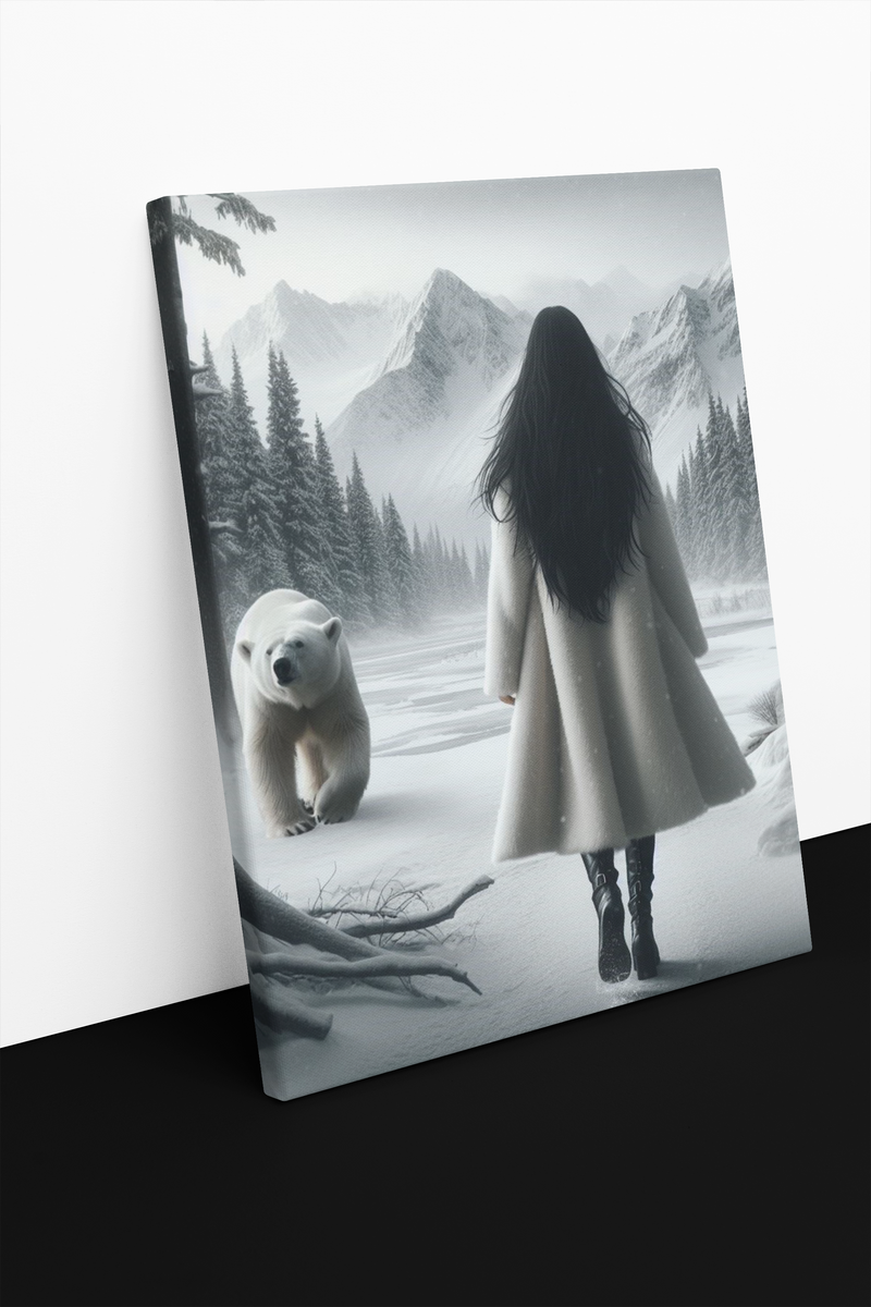 A Girl and Polar Bear's Winter Wonderland Canvas Print