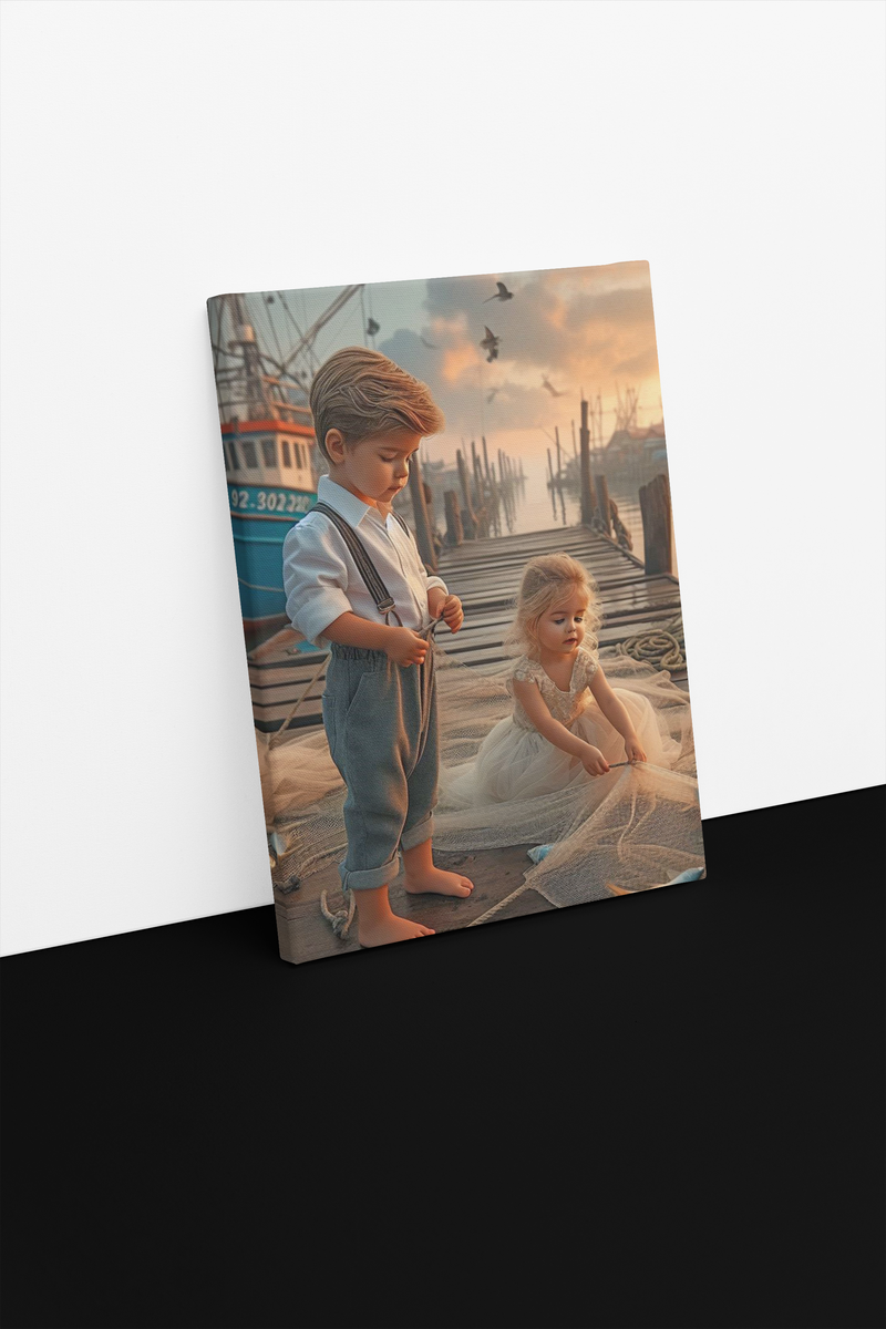 Siblings and Smiles on the Wharf Canvas Print